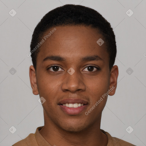 Joyful black young-adult male with short  brown hair and brown eyes