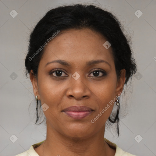Joyful black young-adult female with medium  brown hair and brown eyes