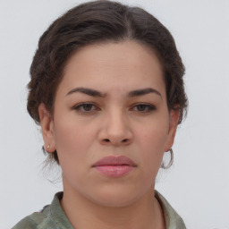 Neutral white young-adult female with short  brown hair and brown eyes