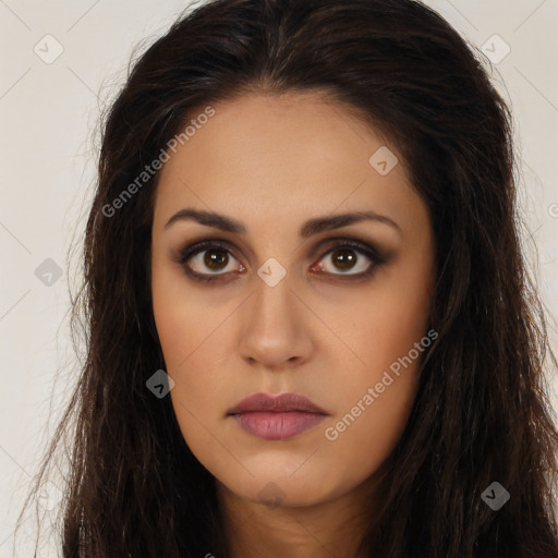 Neutral latino young-adult female with long  brown hair and brown eyes