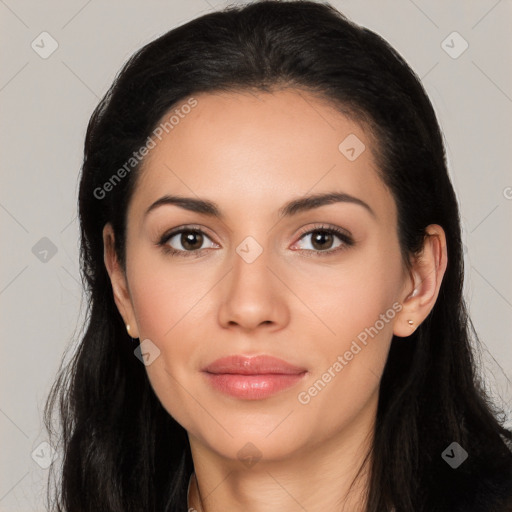 Joyful white young-adult female with long  black hair and brown eyes