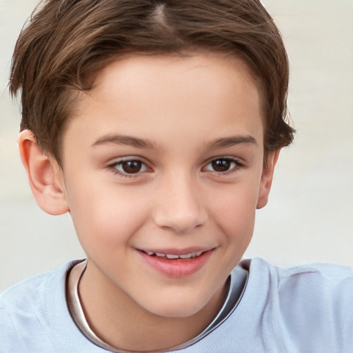 Joyful white child female with short  brown hair and brown eyes