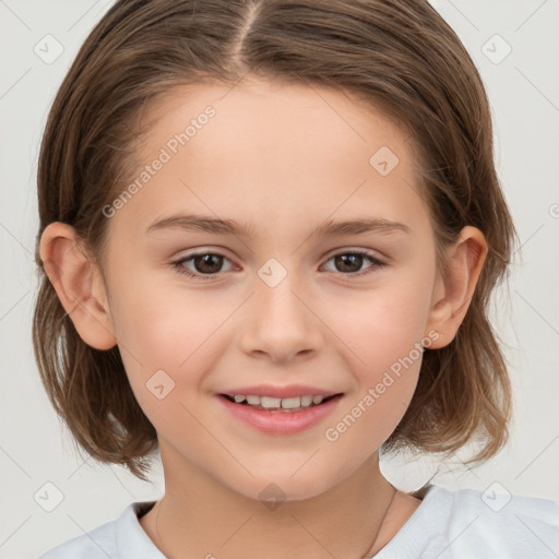 Joyful white child female with medium  brown hair and brown eyes