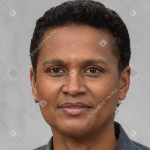 Joyful latino adult male with short  brown hair and brown eyes