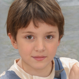 Joyful white child female with short  brown hair and brown eyes