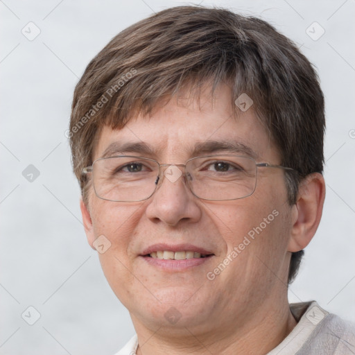 Joyful white adult male with short  brown hair and grey eyes