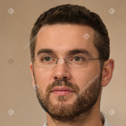 Neutral white adult male with short  brown hair and brown eyes