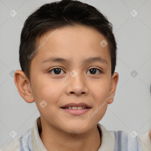 Joyful white child male with short  brown hair and brown eyes