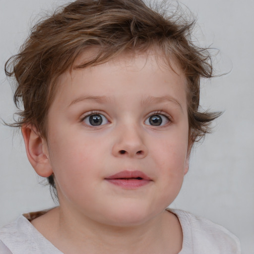 Neutral white child female with medium  brown hair and blue eyes