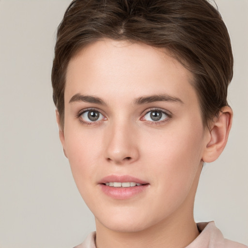 Neutral white young-adult female with short  brown hair and brown eyes