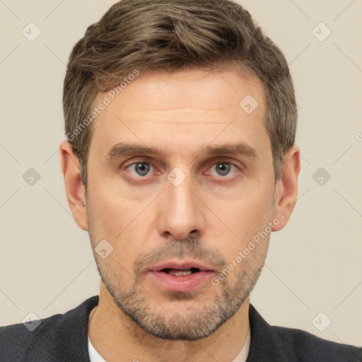 Neutral white adult male with short  brown hair and brown eyes