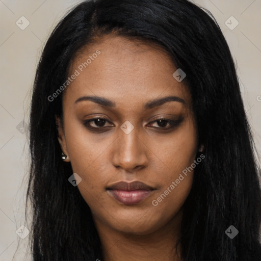 Neutral asian young-adult female with long  black hair and brown eyes