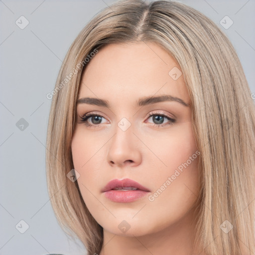 Neutral white young-adult female with long  brown hair and brown eyes