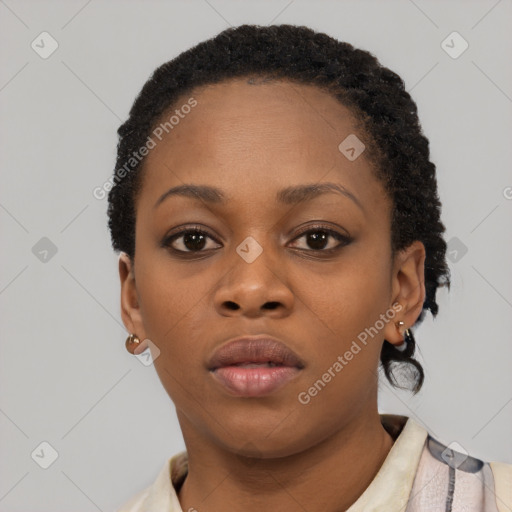 Neutral black young-adult female with short  black hair and brown eyes