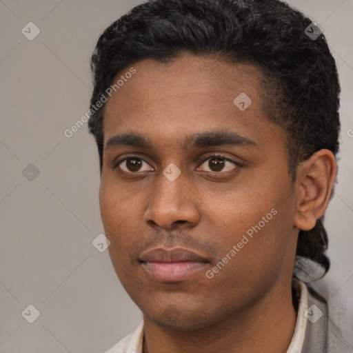 Neutral black young-adult male with short  black hair and brown eyes