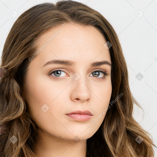 Neutral white young-adult female with long  brown hair and brown eyes