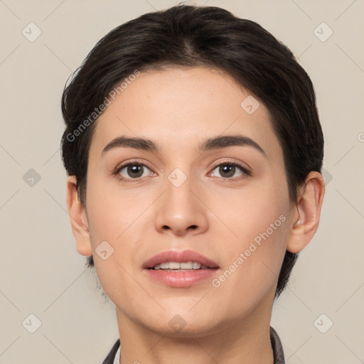 Joyful white young-adult female with short  brown hair and brown eyes