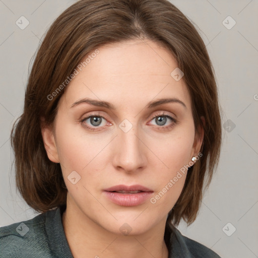 Neutral white young-adult female with medium  brown hair and grey eyes