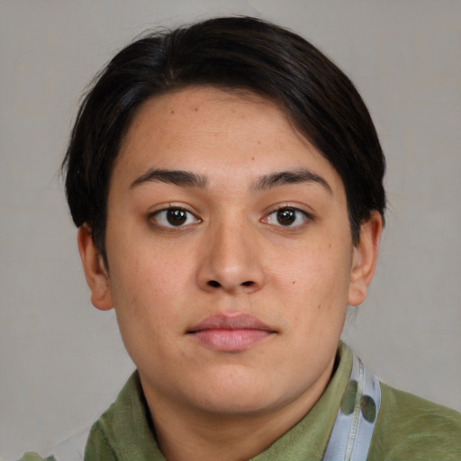 Neutral asian young-adult female with medium  brown hair and brown eyes