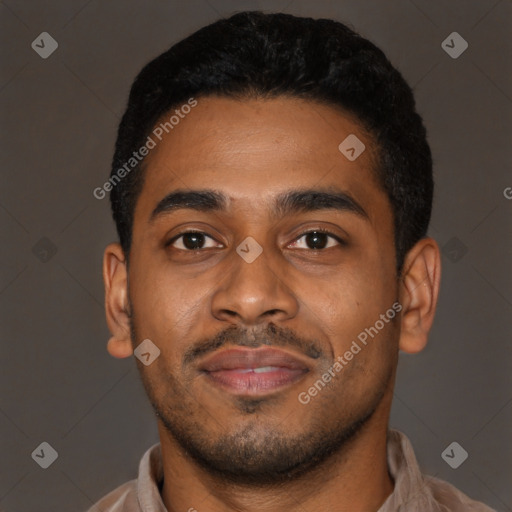 Joyful latino young-adult male with short  black hair and brown eyes