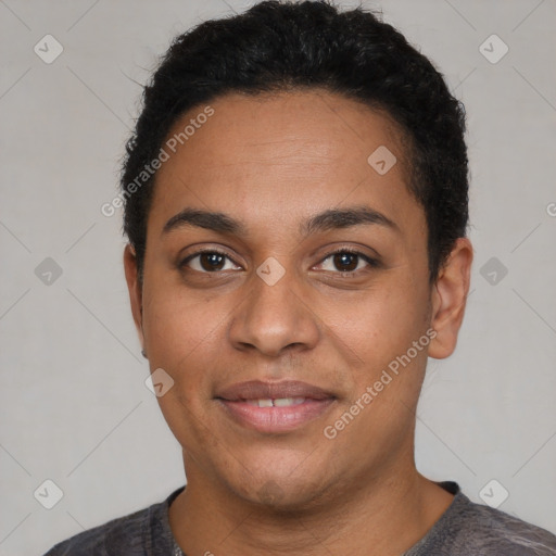 Joyful latino young-adult female with short  black hair and brown eyes