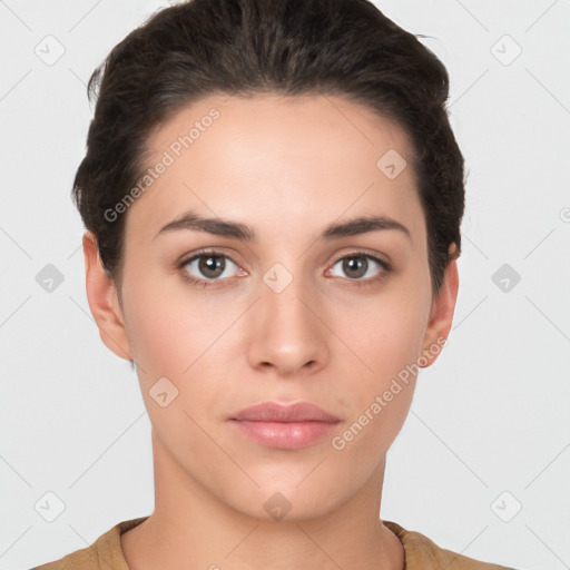 Neutral white young-adult female with short  brown hair and brown eyes