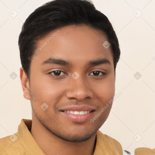 Joyful latino young-adult male with short  brown hair and brown eyes