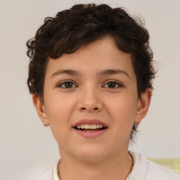 Joyful white child female with short  brown hair and brown eyes