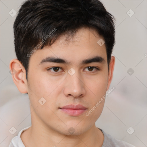 Neutral asian young-adult male with short  brown hair and brown eyes