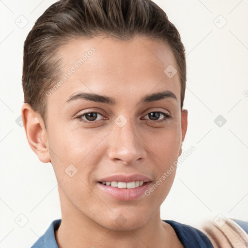 Joyful white young-adult female with short  brown hair and grey eyes