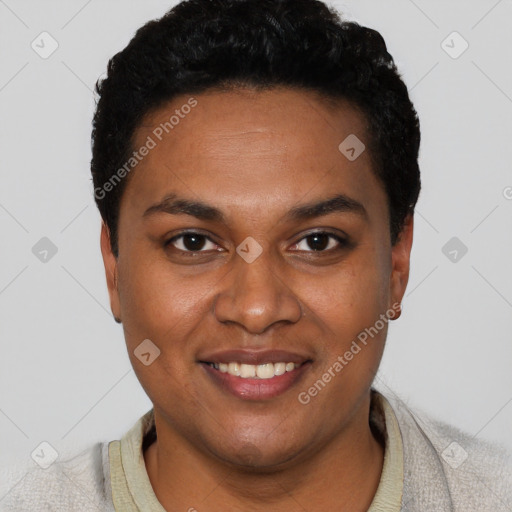 Joyful black young-adult male with short  black hair and brown eyes