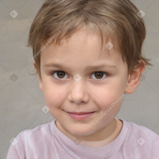 Joyful white child female with short  brown hair and brown eyes