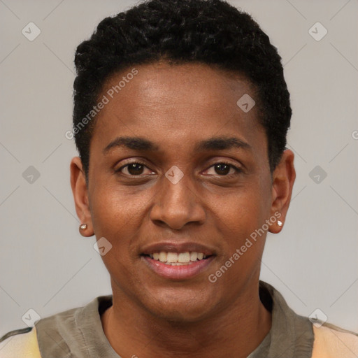 Joyful black young-adult male with short  black hair and brown eyes