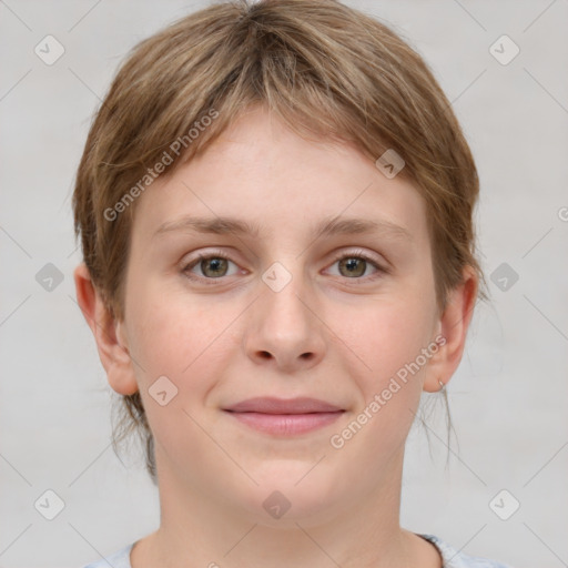 Joyful white young-adult female with short  brown hair and grey eyes