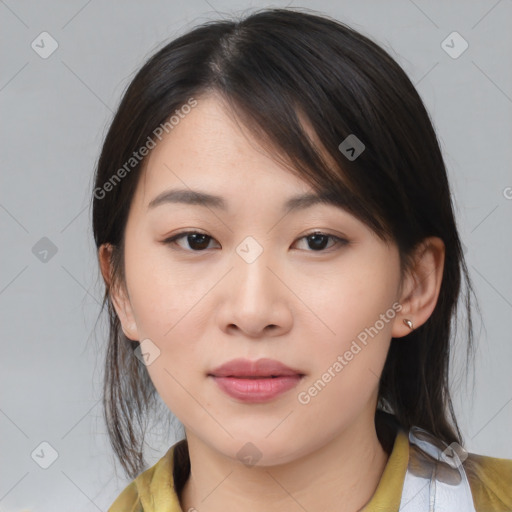 Neutral asian young-adult female with medium  brown hair and brown eyes