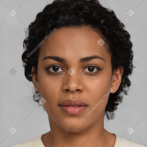 Neutral latino young-adult female with short  black hair and brown eyes