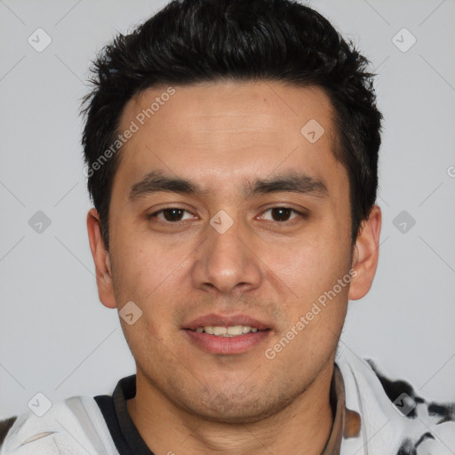 Joyful white young-adult male with short  black hair and brown eyes