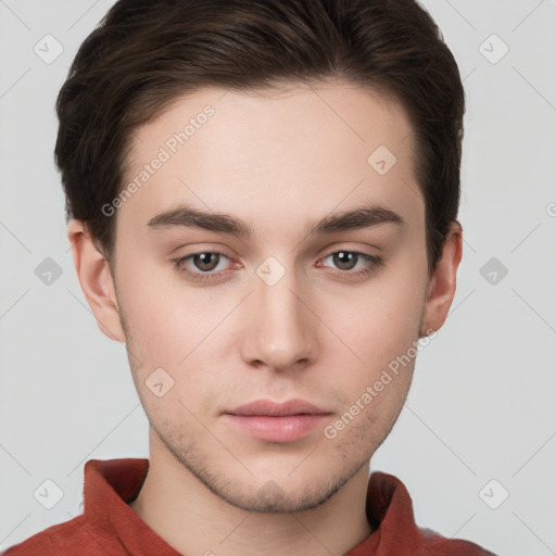 Neutral white young-adult male with short  brown hair and brown eyes