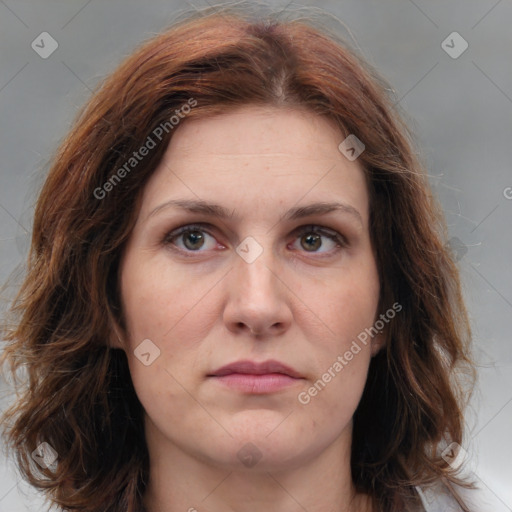 Neutral white young-adult female with medium  brown hair and brown eyes