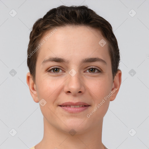 Joyful white young-adult female with short  brown hair and brown eyes