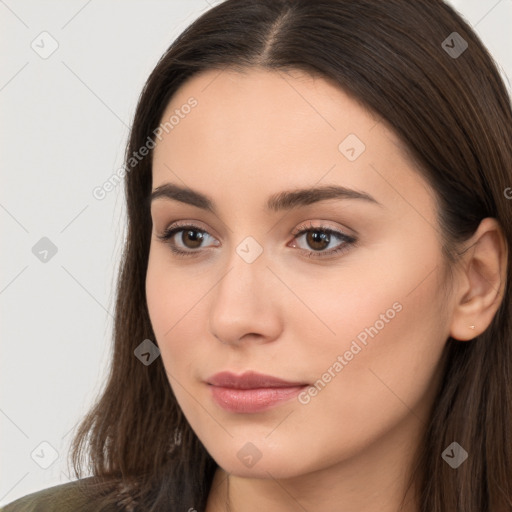 Neutral white young-adult female with long  brown hair and brown eyes