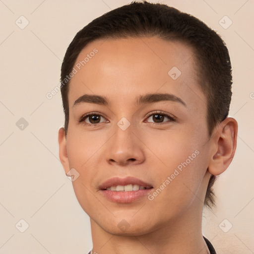 Joyful white young-adult female with short  brown hair and brown eyes