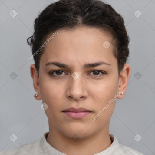 Neutral white young-adult female with short  brown hair and brown eyes