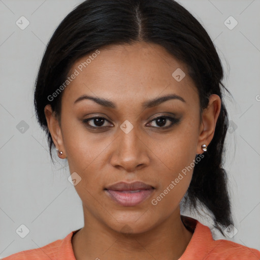 Joyful asian young-adult female with medium  black hair and brown eyes