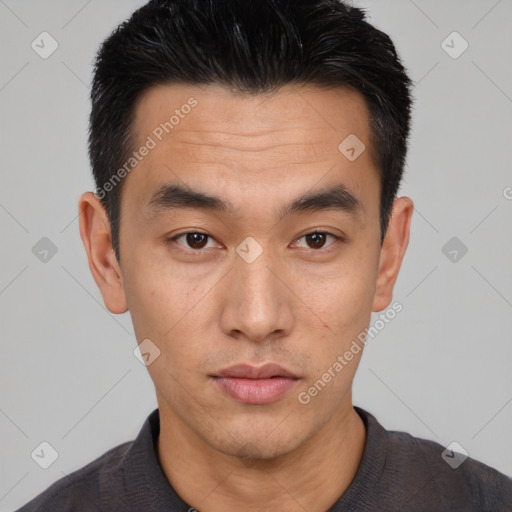 Neutral asian young-adult male with short  black hair and brown eyes