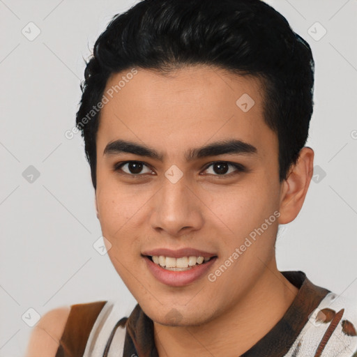 Joyful latino young-adult male with short  black hair and brown eyes