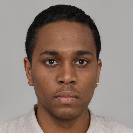Neutral black young-adult male with short  black hair and brown eyes