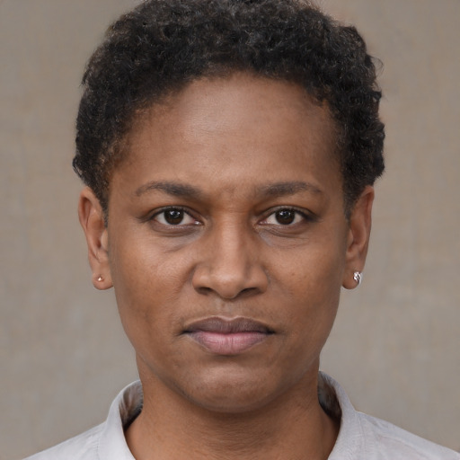 Neutral black young-adult female with short  brown hair and brown eyes