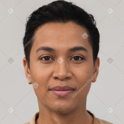 Joyful latino young-adult male with short  black hair and brown eyes