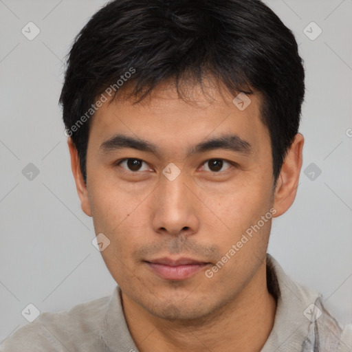 Neutral asian young-adult male with short  black hair and brown eyes